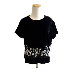 Talbots Black Velvet Top L Crystal Rhinestones Rayon Silk Holiday Party Bling